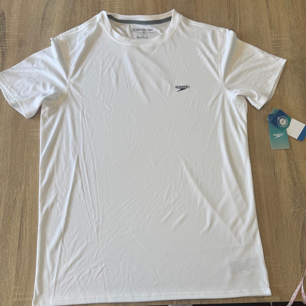 Speedo Mens Swim Shirt White Short Sleeve UPF 50+ Sun Protection Size Medium NWT